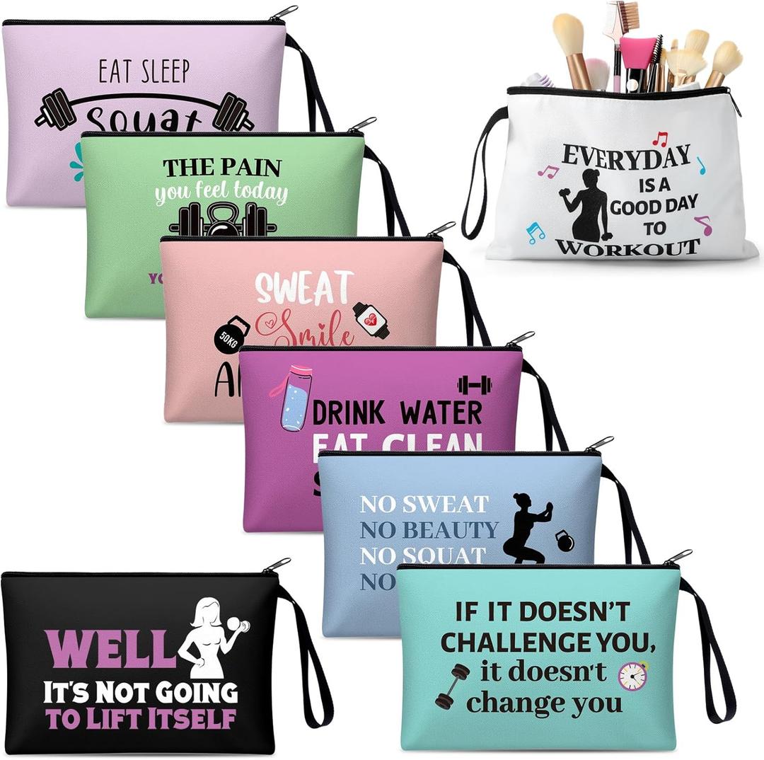 8 Pcs Workout Cosmetic Bags Workout Gifts Funny Sports Lover Gym Gifts Gym Fitness Makeup Bags for Women Body Builder Zipper Pouch for Fitness Bodybuilding Lovers (Colorful)