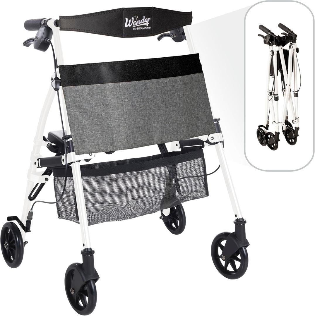 Stander Wonder Rollator Plus Short, Lightweight Junior Folding Mobility Aid for Petite Adults, Seniors, and Elderly, Collapsible Travel Rolling Walker with Four Wheels and Seat, Vivid White