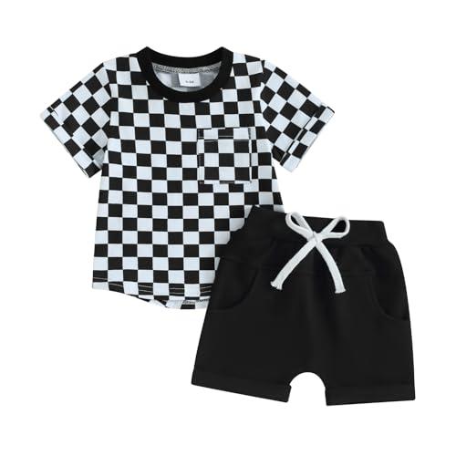 Toddler Baby Boy Girl Summer Clothes Checkerboard Print Short Sleeve T-Shirt Tee Tops Rolled Shorts Infant Outfits (A- Black, 18-24 Months)