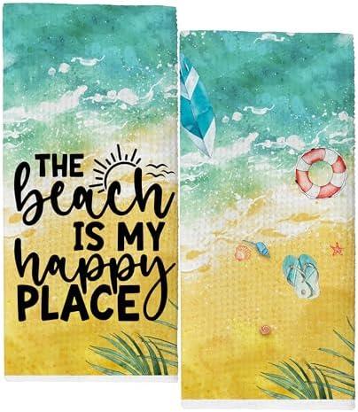 KGHYT Summer Beach Kitchen Towels,The Beach is My Happy Place Dish Towels for Home Farmhouse Kitchen Bathroom,16x24 Inches Set of 2.(038)