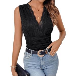 Milumia Women'S See Through Lace Bodysuits Sleeveless Deep V Neck Body Suits (Large, Black)