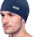 Aegend Fabric Swim Cap, Silicone Waterproof Layer - Breathable Cloth Swimming Cap, Keep Hair Dry with Hight Elasticity for Youth(8-16) Adult, 2 Sizes to Choose (Medium, 1 Pack-Navy Blue)