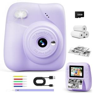 CAMCLID Kids Camera Instant Print, 1080P HD Kids Instant Camera with 32G Card & 3 Rolls Print Paper, Portable Toddler Toy, Christmas Birthday Gifts for Boys Girls Age 3-12 (Purple)