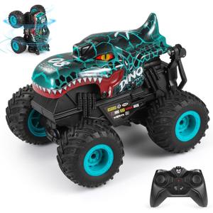 DYODYORC Remote Control Car, 2.4Ghz All Terrain Dinosaur Monster Truck Toys, RC Truck with Music, 3 Lighting Effects, 360 Stunt Capable, 2 Batteries Ready to Run, Toy Gifts for Boys and Girls (Cyan)