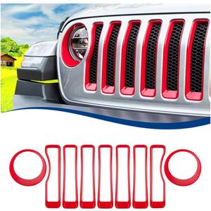 Front Grille Inserts & Headlight Cover Compatible with (2018-2023) Jeep Wrangler JL JLU (Red, Sport/Sport S)