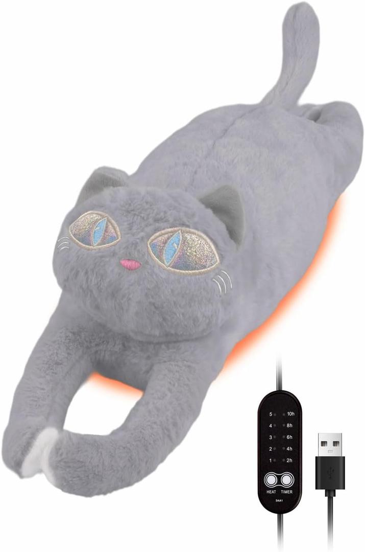Cat Heating Pad for Period Cramps 5 Heat Settings Auto Shut Off USB Portable Electric Heat Pad Soft Thick Fuzz Stuffed Animal Cute Kitty Warmer for Body Pain Relief Comfort Accompany Help Relax Gift (Gray)