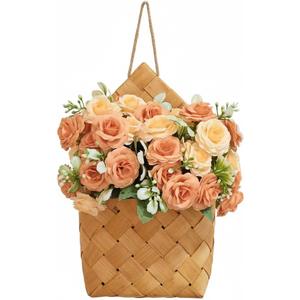 Farmhouse Wall Decor Basket - Cottage Core Decor - Small Hanging Basket with Artificial Flowers,Room Decor Wall Baskets, Baskets Wreaths for Front Door, Spring Decoration