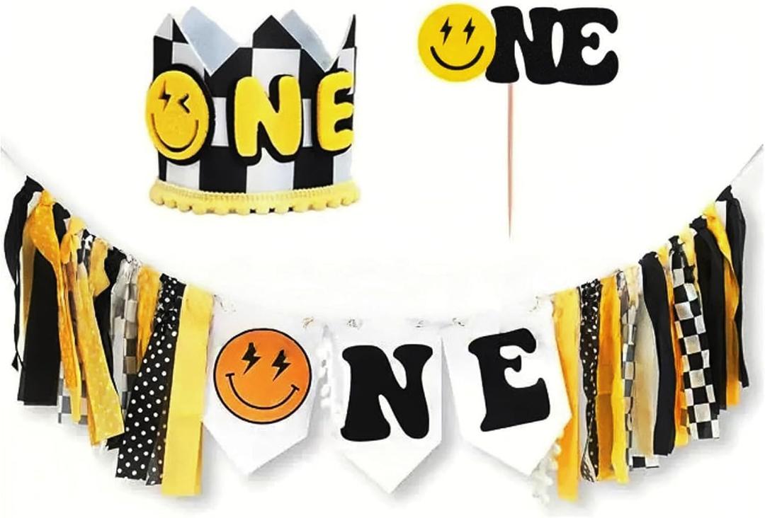 One Happy Dude Birthday Decorations - One Happy Dude High Chair Banner with CakeTopper, 1st Birthdays Hat Crown for 1st Birthday Decoration Boys Girls