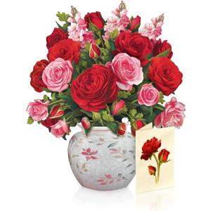 Freshcut Paper Pop Up Cards, Blooming Roses, 12 Inch Life Sized Forever Flower Bouquet 3D Popup Greeting Cards, Valentine's Day, Anniversary Card, Blank Notecard & Envelope