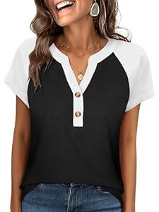 ANRABESS Womens Tops Short Sleeve Henley Shirts Summer V Neck Color Block Tunic T Shirts Casual Blouses Work Trendy Clothes Black Large