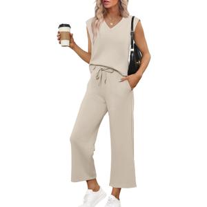 SAMPEEL Two Piece Sets for Women Summer Vacation Travel Outfits Business Casual Outfits Matching Sets Women Clothing (Large, Beige)