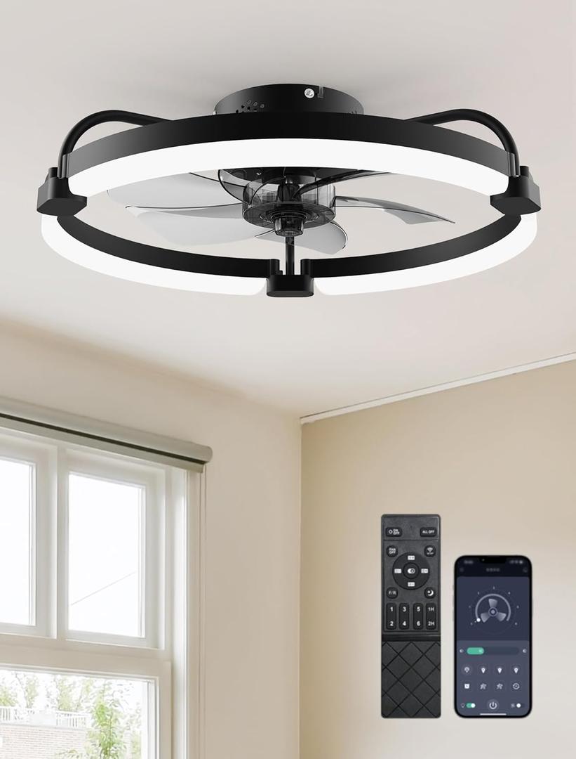 Ensenior Ceiling Fans with Lights and Remote, 20'' Low Profile Ceiling Fan Flush Mount, APP Control, 6 Speed, 3CCT, Quiet Reversible DC Motor, Dimmable Modern Ceiling Fan with Light for Bedroom, Black