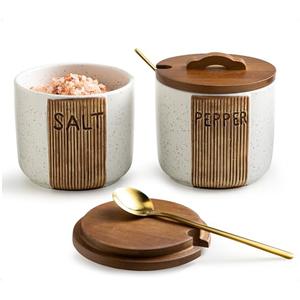 YHOJOY Salt and Pepper Bowl Ceramic, 10 Oz Salt and Pepper Cellar with Lid and Spoon, Farmhouse Salt Containers for Countertop, White