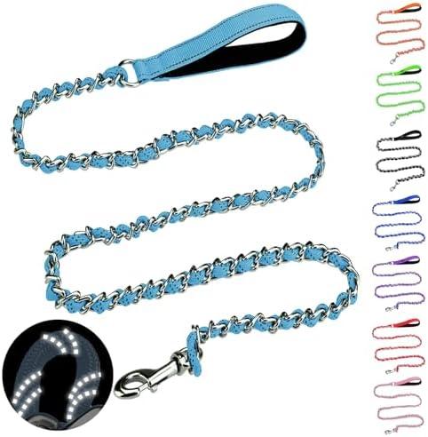 HOMIMP Chew Proof Dog Leash for Medium Large Dogs, Reflective 6 FT Heavy Duty Metal Chain Dog Leashes with Soft Padded Handle, Anti Bite Durable Rope Leashes for Pitbull, Non Chewable, Light Blue