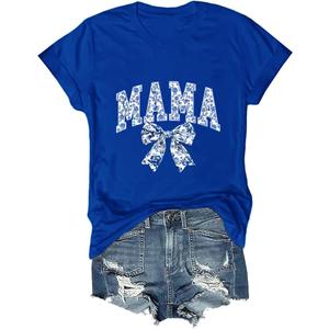Mama Bow Shirt Blue Chinoiserie Mom Bow T-Shirt NAVY L