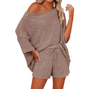 Mafulus Women's 2 Piece Outfits Sweater Sets Off Shoulder Knit Top Shorts Matching Suits Cute Pajama Lounge Set, (X-Large)