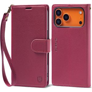 Wallet Case for iPhone 17 Series with Wrist Strap - PU Leather Folio Flip with Credit Card Holder & Kickstand, Protective Cover (Red, for iPhone 17 Pro Max)