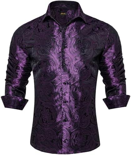 DiBanGu Silk Paisley Dress Shirts for Men Long Sleeve Button Down Shirt Casual Regular Fit Mens Shirts Wedding Party, Dark Purple, Medium