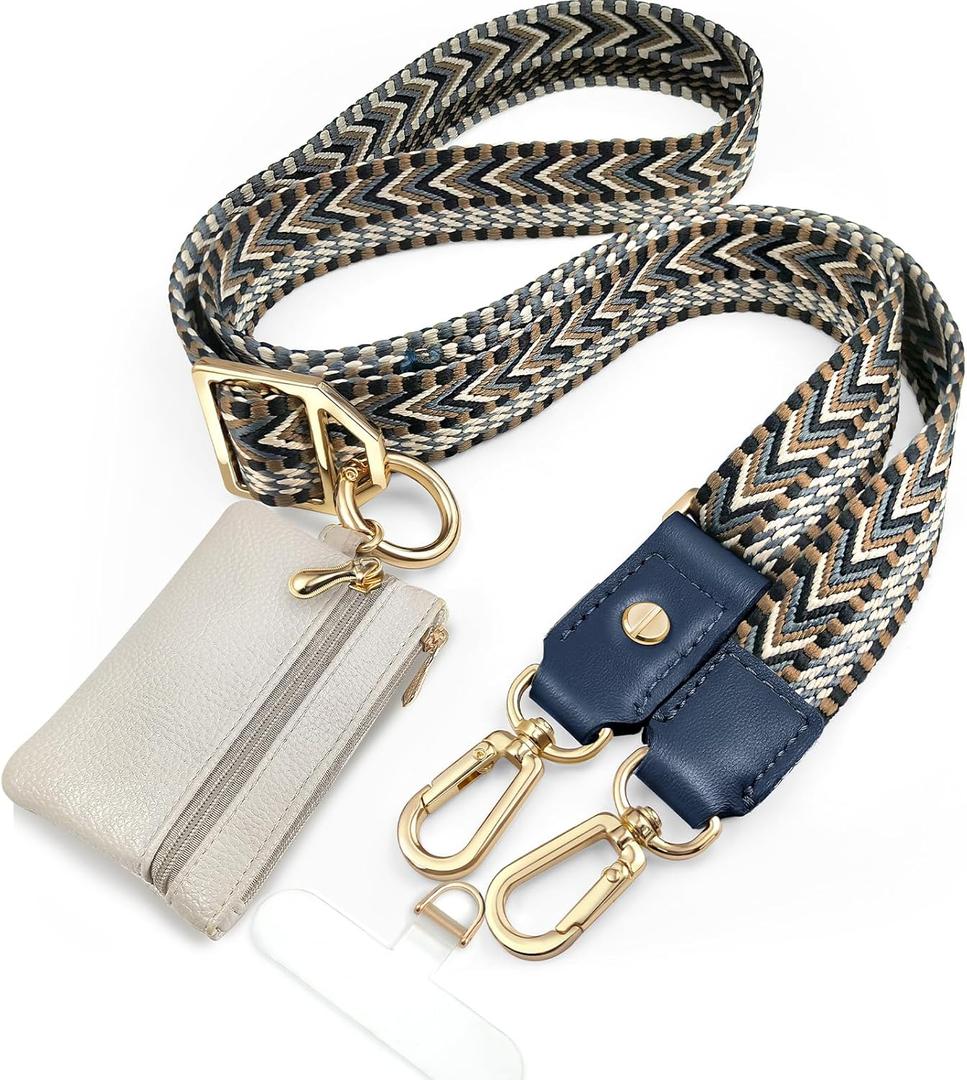 UKON Adjustable Phone Lanyard Crossbody Strap with Wallet Clip-and-Go Strap with Zippered Pouch Widened Phone String for iPhone Hands-Free for Travelling Concerts (Black+Beige)