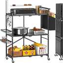 DTUQYX Foldable Outdoor Grill Cart with 3-Tier, Grill Table with 2 Locking Casters, Multi-Functional BBQ Cart, Portable Pizza Oven Stand Table, Rolling Kitchen Island for Outside, Black