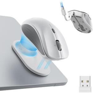 ESR MagMouse Snap-to-Carry Bluetooth Mouse, Rechargeable Wireless Mouse for Laptop with Built-in Charging Cable, Reusable Adhesive Holder, BT 5.0 + 2.4 GHz Connectivity, Silent, Ergonomic, White