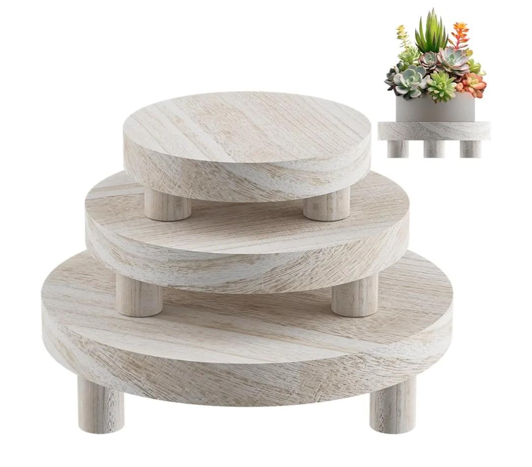 HAWHUV 3 Pcs Wood Plant Stand Indoor Outdoor, Round Wood Riser for Decor 6/8/10" Wooden Stool Display Stand Flower Pot Holder Small Planter Tray Modern Potter Decorative for Desktop Counter Room