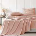 JELLYMONI Natural Cotton Bedding Set, 4-Piece Striped Sheets King Size, Pink