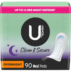 U by Kotex Clean & Secure Overnight Maxi Pads, 90 Count (3 Packs of 30) (Packaging May Vary)