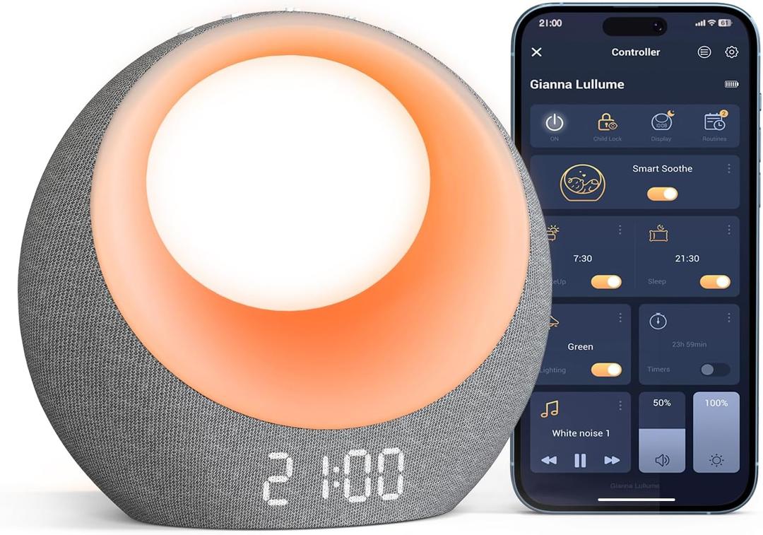 Gianna Baby Sound Machine - 26 Soothing Sounds, 8 Eye-Care Night Lights, APP Control White Noise Machine, Rechargeable Sleep Training Clock - Ideal for Infants, Toddlers & Kids in Nursery, Bedrooms