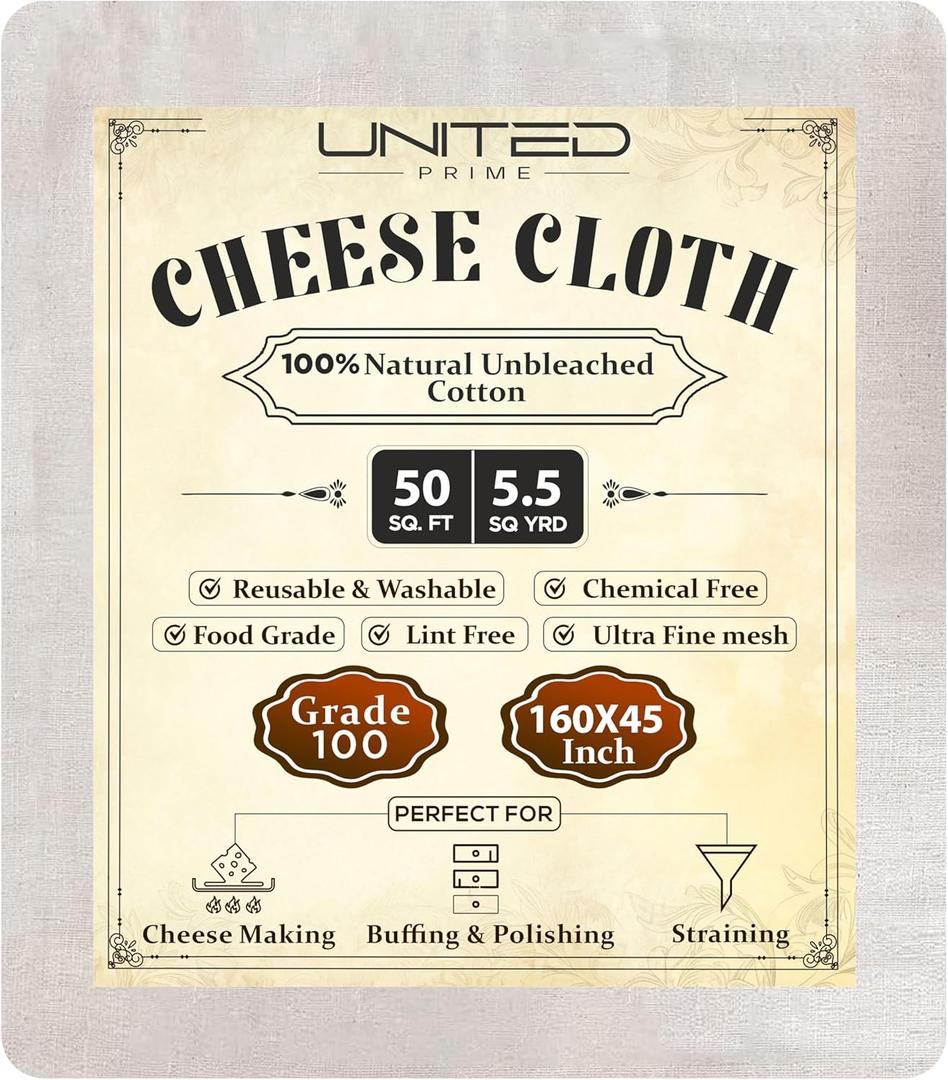 Cheese Cloths 100 Grade, 160X45 Inches - 50 Sq Feet Unbleached 100% Cotton Fabric - 5.5 Sq Yards Ultra Fine Mesh Muslin Cloth - Cheesecloth For Straining Cooking, Cheese Making, Washable & Reusable