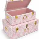 Rool Floral Decorative Storage Trunk Set of 2 Pink Metal Keepsake Trunks with Gingham Fabric Lining, Stackable for Baby's Room and Gifts (Pink)