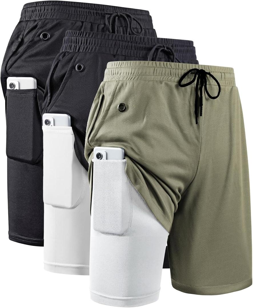 JWJ Men's 2 in 1 Workout Running Shorts 7 Inch Lightweight Athletic Gym Shorts with Compression Liner (3 Pack Black / Black White / Army White)
