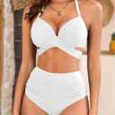 High Waisted Underwire Bikini Sets - Women 2025 Two Piece Swimsuits Halter Bathing Suits with Tummy Control Bottom (White, L)