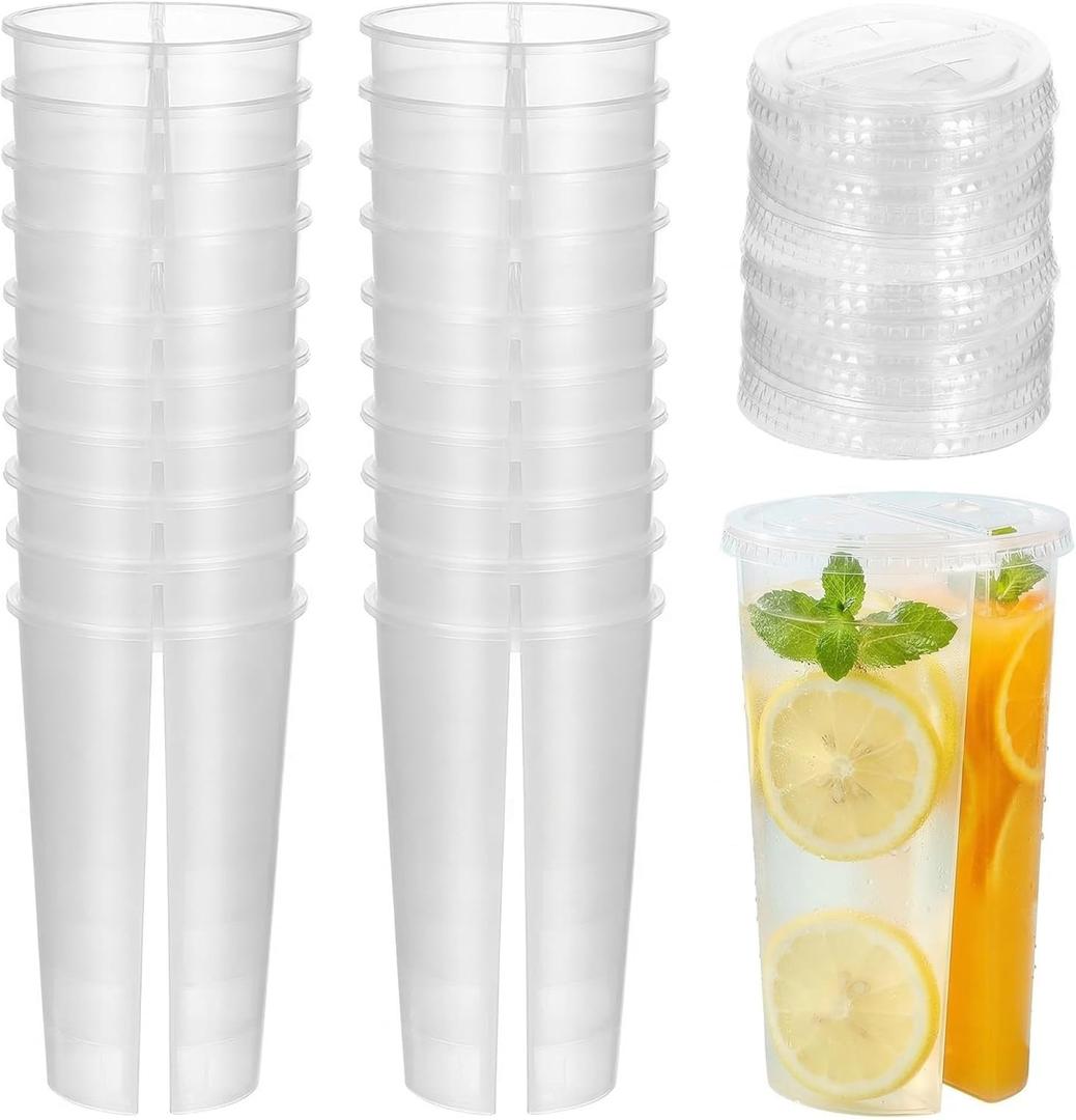 20 Pieces Disposable Split Cup for Drinks, Round Plastic Drink Cups with Lids, Clear Double Grid Bubble Tea Cup Smoothie Coffee Mug Sharing Tumblers for Milk Tea Juice Party Supplies Valentines Day