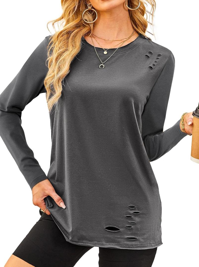 SOFIA'S CHOICE Women's Distressed Long Sleeve T Shirts Ripped Crewneck Loose Fit Tee Tops Dark Grey Small (Gray, S)
