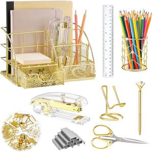KAAKOW Gold Desk Organizers and Accessories Office Supplies Set Stapler, Pen Holder, Phone Holder, Scissors, Pen, Ruler, 30 Paper Clips, 22 Binder Clip, 20 Tacks and 1000pcs Staples (Gold), Missing Part