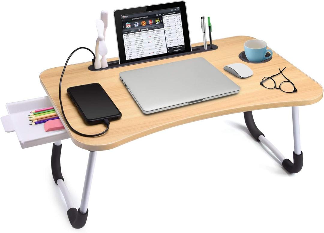 Slendor Lap Desk with Tablet Slot, Foldable Laptop Table with Storage Drawer for BedPortable Bed Desk for Laptop, Computer Tray with Cup Holder Notebook Stand Reading Holder for Couch Floor, Walnut
