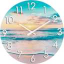 14 Inch Outdoor Wall Clock Waterproof Tempered Glass with Stunning Sunset Beach & Sand Scene, UV Resistant Silent Battery Operated, Coastal Decor for Patio, Pool, Backyard & Bathroom