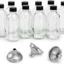 9 Pack, 4 oz Small Clear Glass Bottles w/Lids & 3 Stainless Steel Funnel - 120ml Boston Round Sample Bottle for Potion, Juice, Ginger Shot, Wellness, Oils, Whiskey, Liquids - Leakproof Travel Bottle