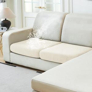 NAISI Waterproof Couch Cushion Covers Thick Velvet Fabric Washable Sofa Slipcovers 2 Pieces Individual Sectional Couch Covers with Elastic Bottom(2 Pcs for 2-Seat or Backrest,Ivory White)