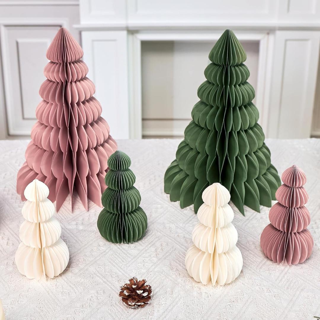 6 Pcs Paper Christmas Tree, Beige, Sage Green and Dusty Pink Tabletop Christmas Decorations with Magnetic Closure, 12" & 6" Foldable Reusable Holiday Trees for Mantel, Table Centerpiece