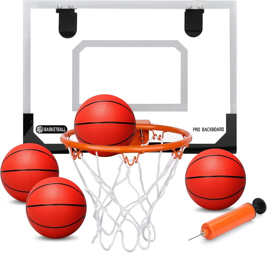 Larger 17" x 12" Indoor Basketball Hoop With 9" Large Dunk Rim for Kids Adults, Over The Door Hoop 4 Balls, Wall Mount Hoops for Yard Outdoor Shatterproof Backboard- Stocking Stuffer Gift for Boy Teen