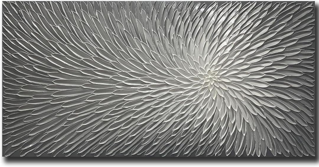 AMEI Art, 24X48 Inch Hand Painted Acrylic Wall Art Modern Artwork Art Wood Inside Framed Hanging Wall Decoration Textured Abstract Floral Oil Paintings (Elegant Gray)