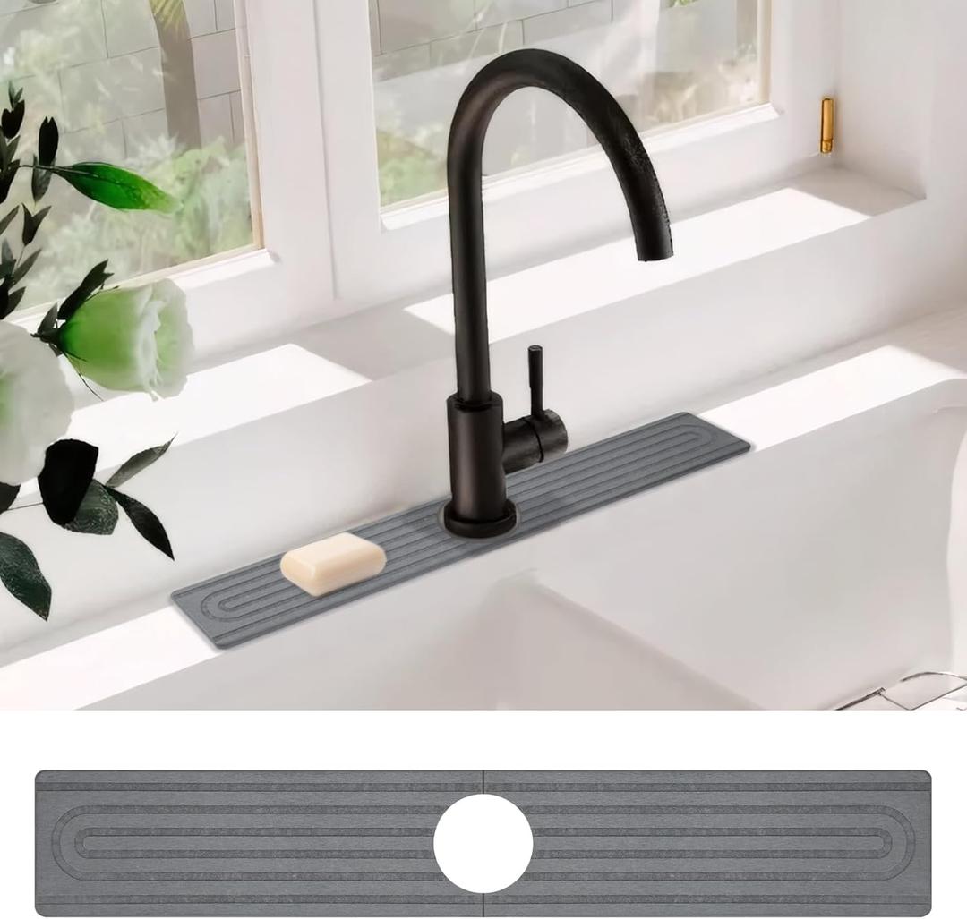 Stone Faucet Mat, Bathroom Sink Splash Guard, Diatomite Quick Drying Stone Mat - Water Absorbing Mat for Kitchen & Bathroom Sink (23.6" x 3.9", Grey)