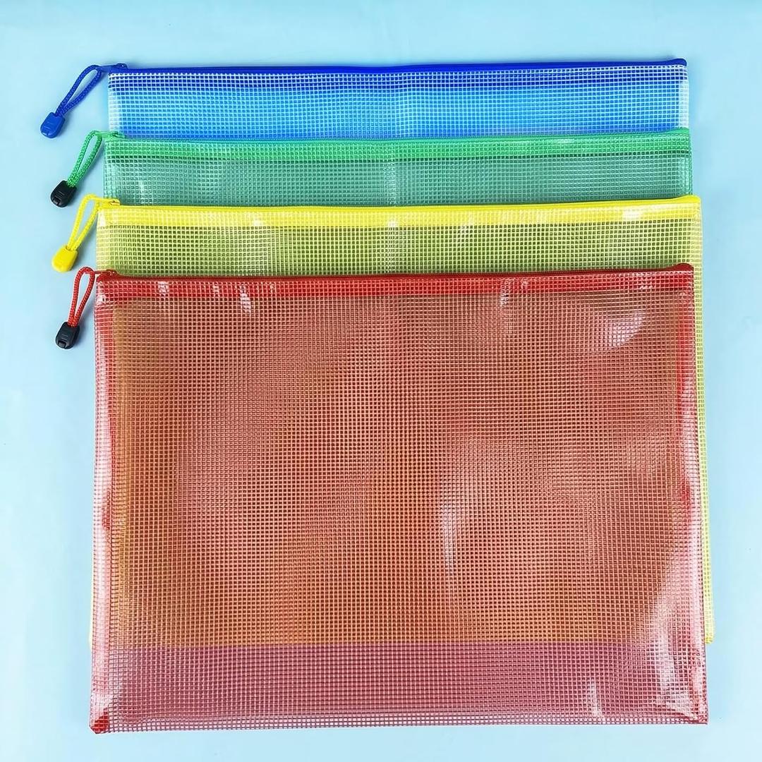 4 PCS A3 Colorful Mesh Zipper Bags Plastic Zipper File Bags for Office School Travel Home Supplies Storage