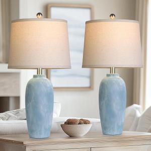 25 Jar Table Lamps Set of 2, Ceramic Bedside Lamps for Bedroom, Blue Coastal Nightstand Lamps for Living Room