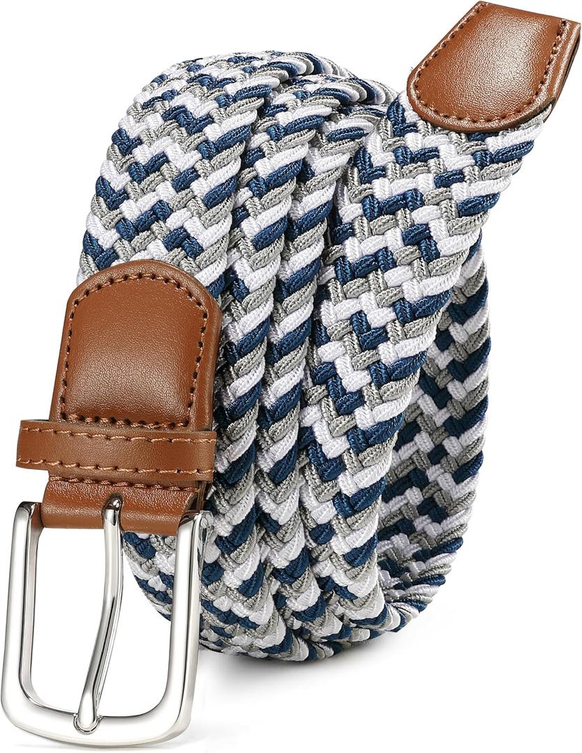 CHAOREN Men's Belt - Braided Stretch Golf Belt for Men 1 3/8"- Gift for Golf Pants Casual Shorts Jeans (Navy White Grey)