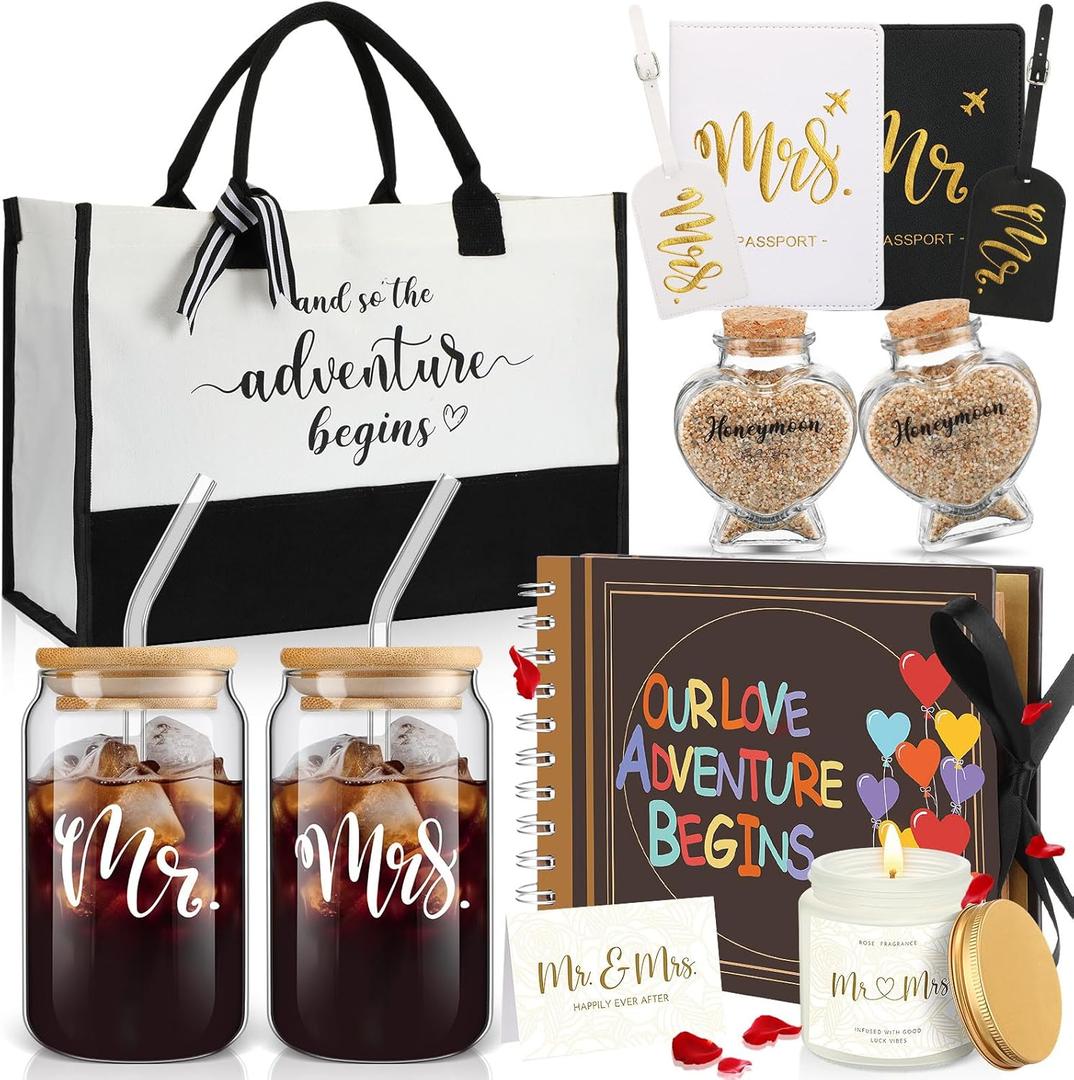 12 Pcs Wedding Honeymoon Gifts for Couple Mr Mrs Bridal Shower Engagement Gifts with Glass Adventure Book Scrapbook Passport Holder Baggage Tags Jar Tote Bag