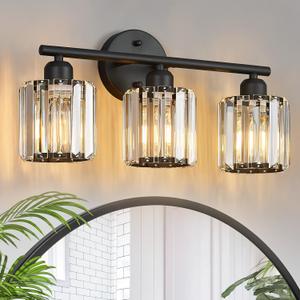 Modern 3 Light Crystal Vanity Light, Black Vertical Bathroom Light Fixture Over Mirror for Dressing Table Sink, Compatible with Dimmable Bulbs (Bulbs Not Included)