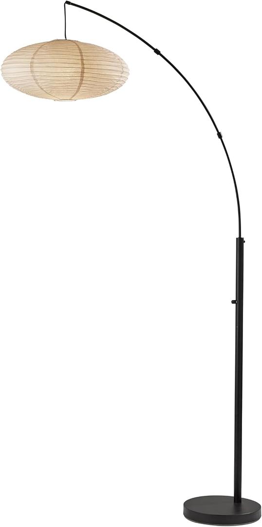 Adesso Arc Floor Lamp, 80 Tall Black Base, Oval Off-White Paper Shade Convenient Overhead Lighting for Living Room, Nursery, Bedroom or Office